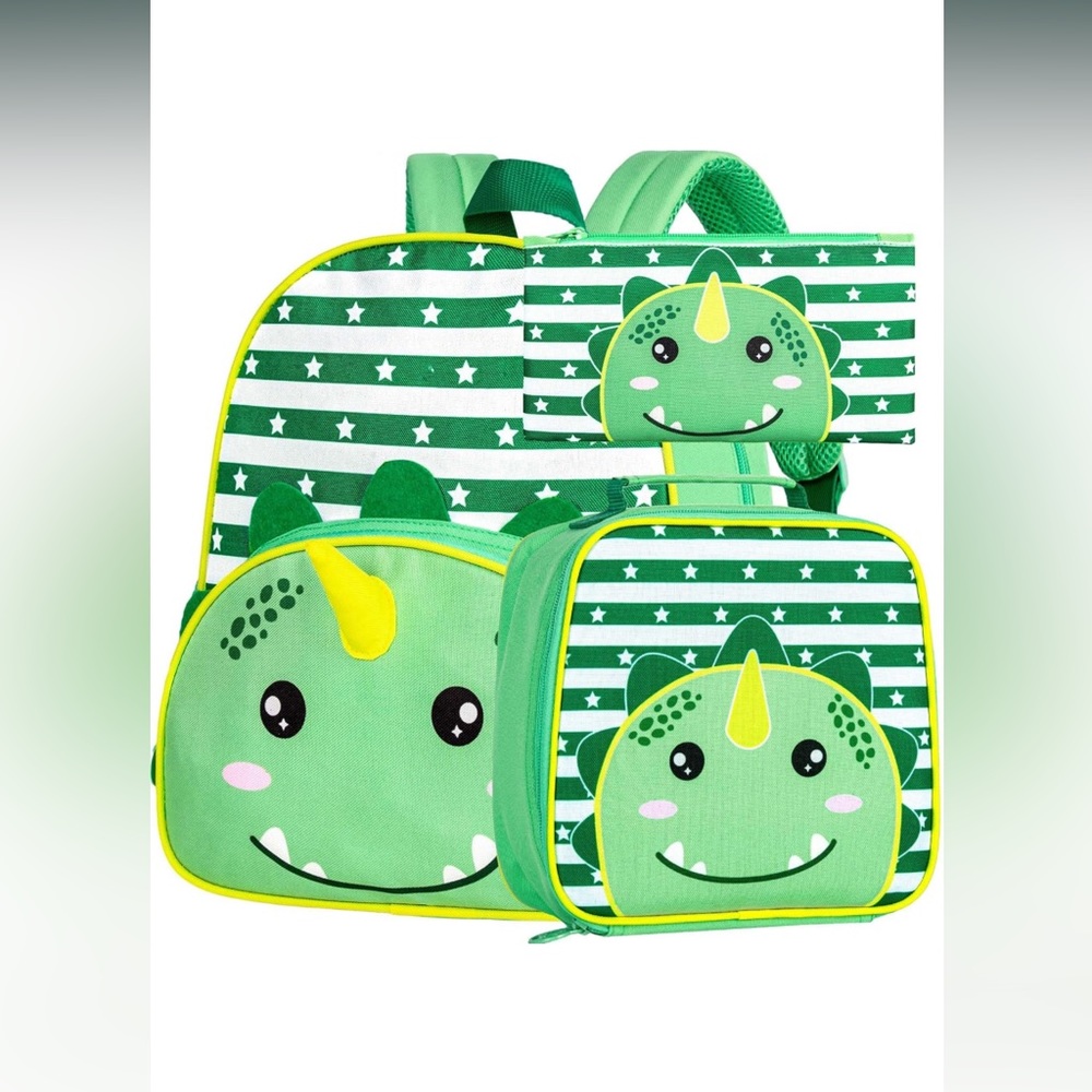 Green Dinosaur Kids 3Pcs Backpack, Lunch Box and Pencil Bag Set FTJCF Brand New!